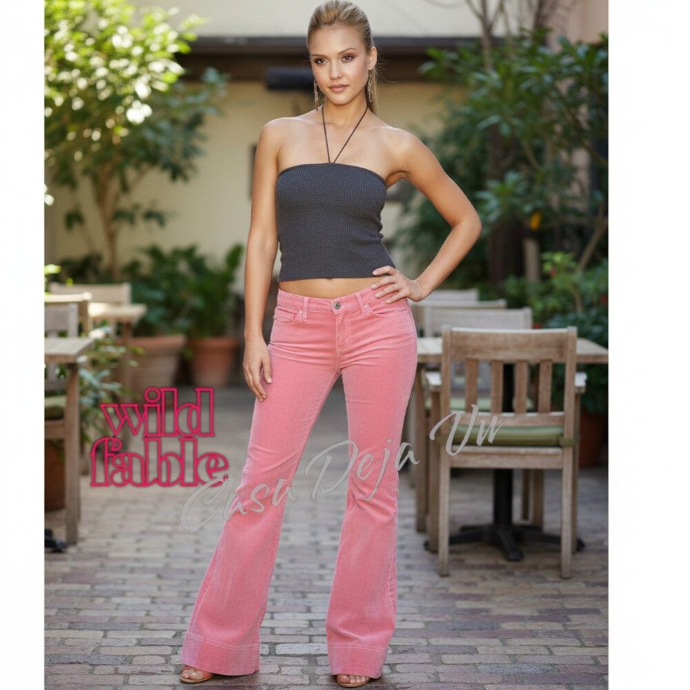 Wild Fabel Fun Flirty Coral Pink Low Rise Flare Leg Stretchy Corduroy Jeans